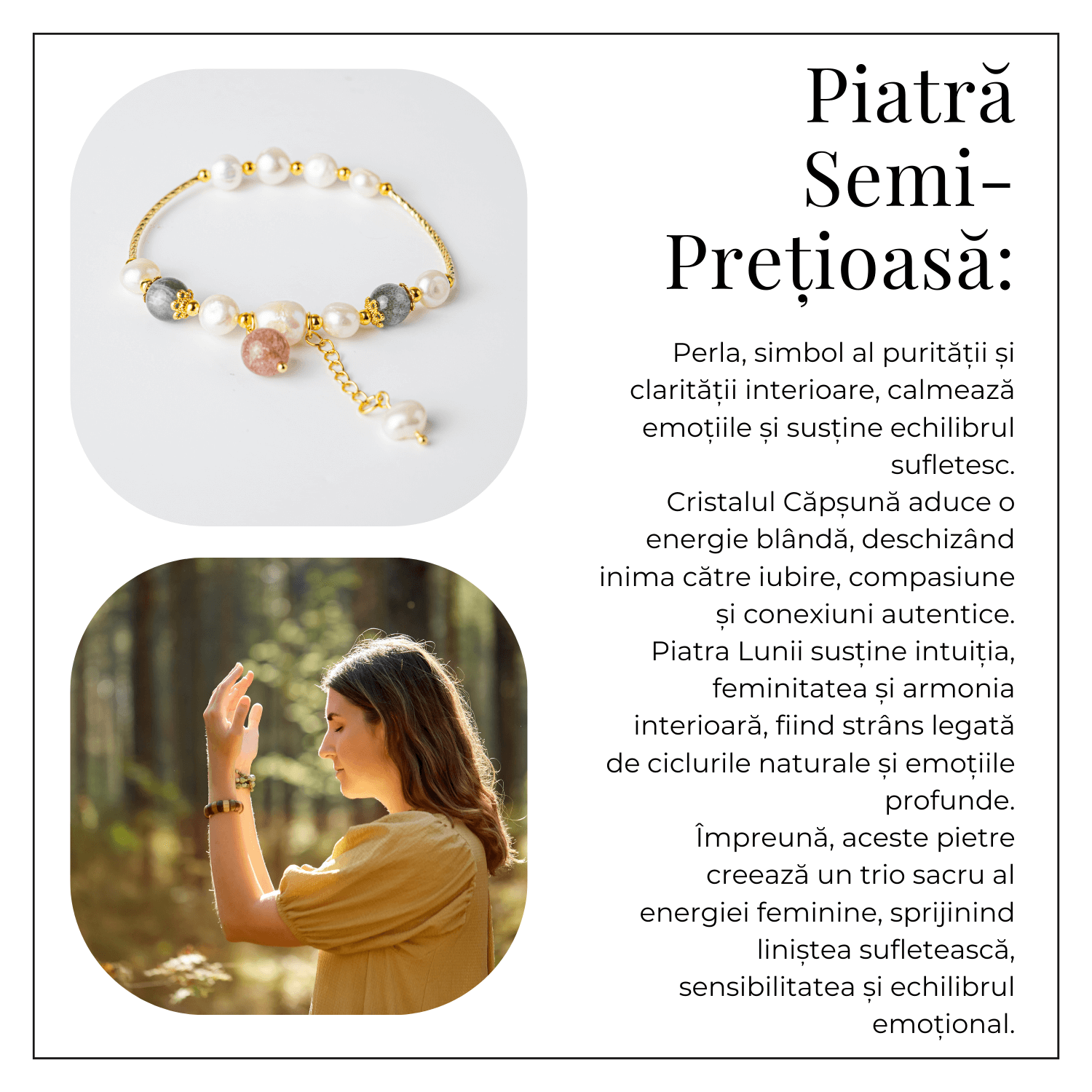Energie Feminina– Bratara cu Perle, Piatra lunii si Cristal Capsuna