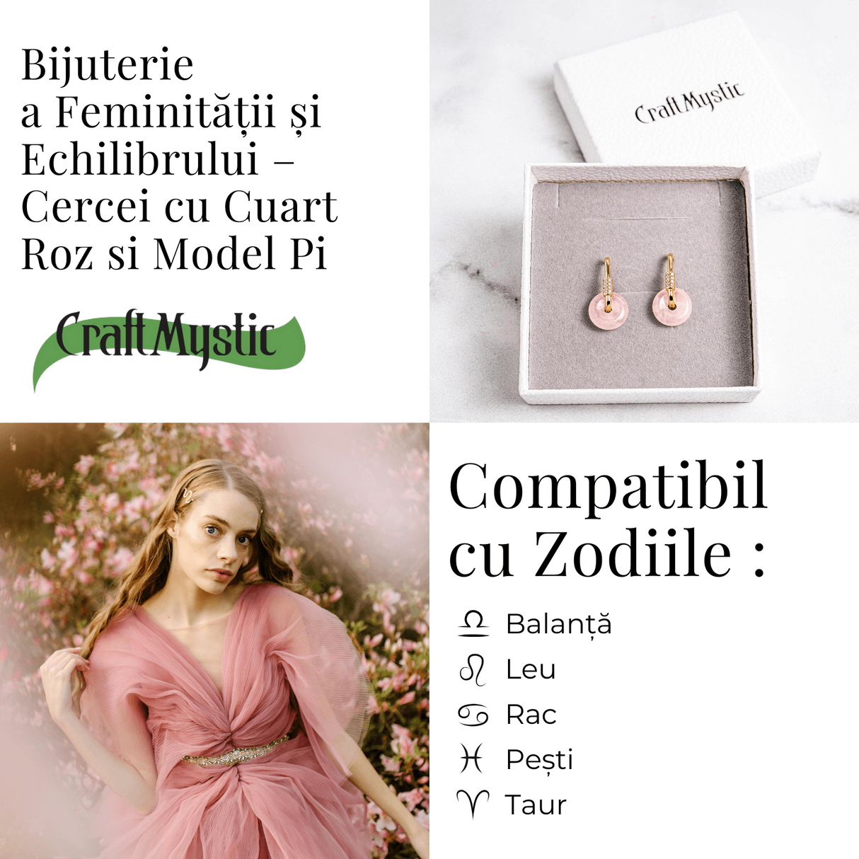 Feminitate si Echilibru – Cercei cu Cuart Roz si Model Pi