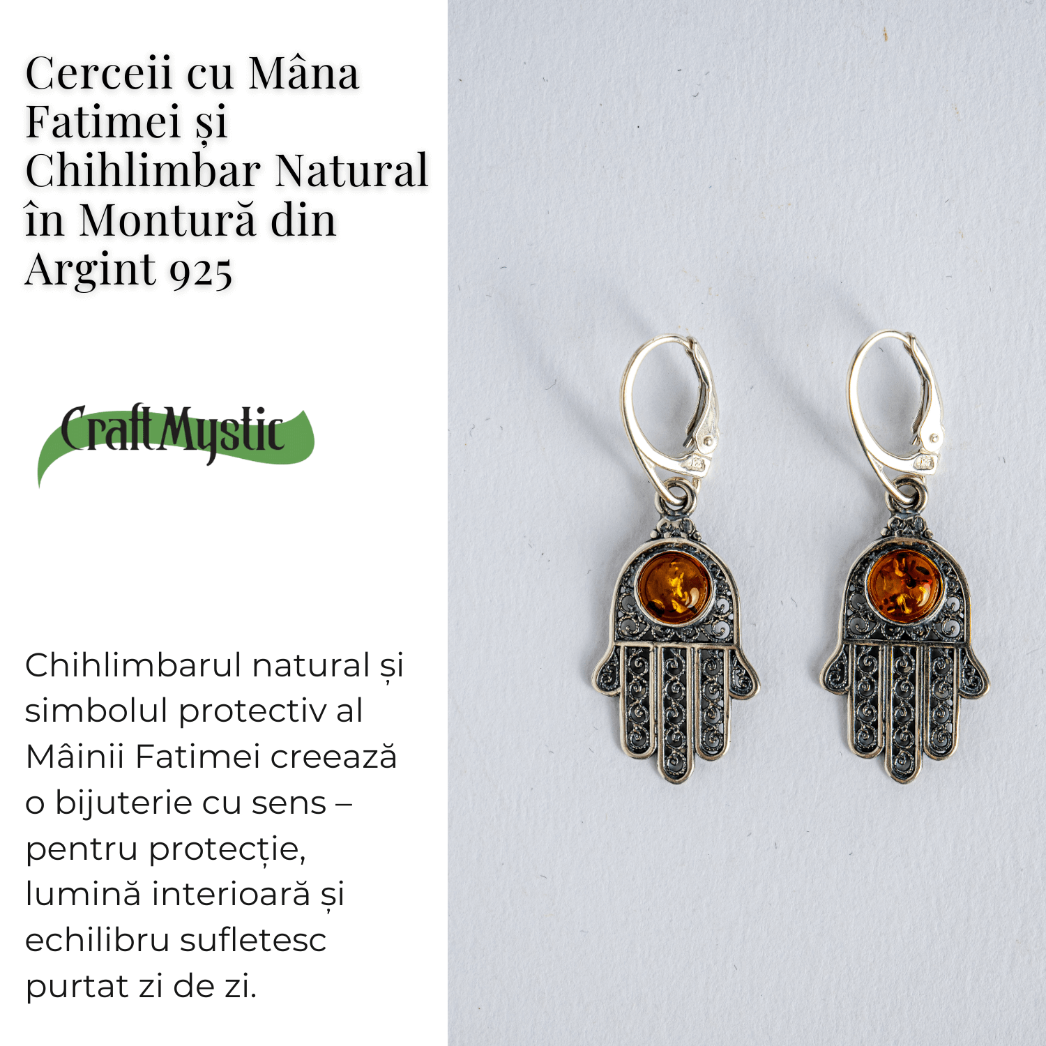 Mana protectiei blande – Cercei cu Mana Fatimei si chihlimbar in montura argint 925