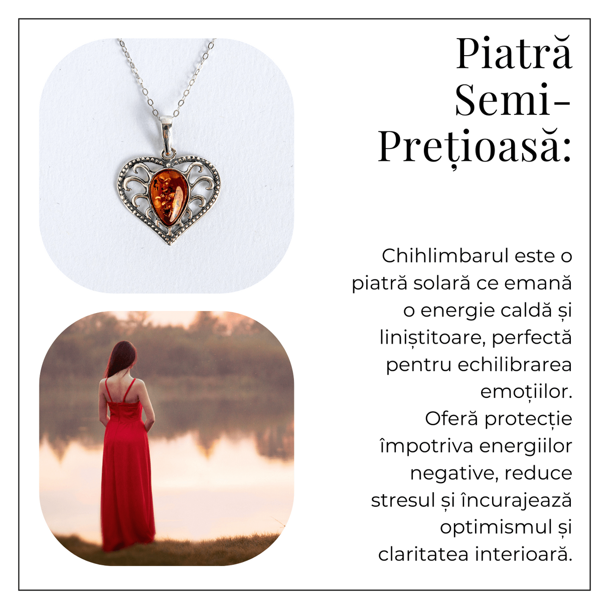Colier inimioara cu chihlimbar si montura argint 925 – Protectie, caldura si echilibru emotional