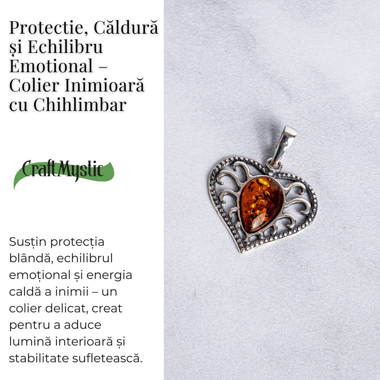 Colier inimioara cu chihlimbar si montura argint 925 – Protectie, caldura si echilibru emotional