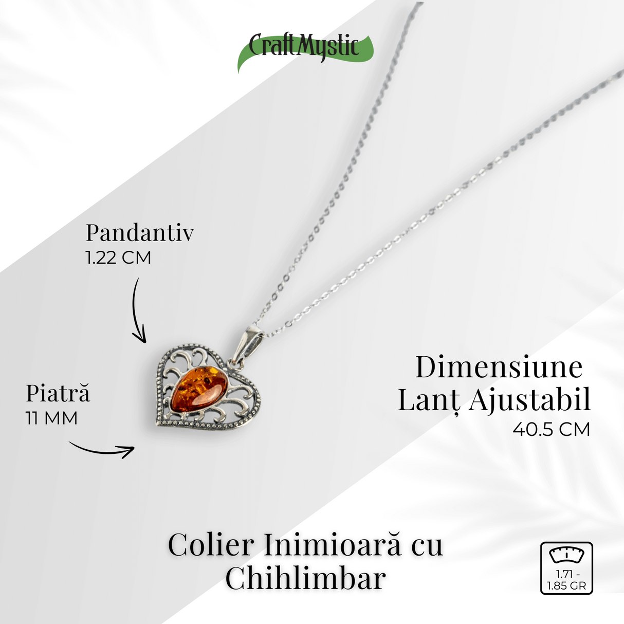 Colier inimioara cu chihlimbar si montura argint 925 – Protectie, caldura si echilibru emotional