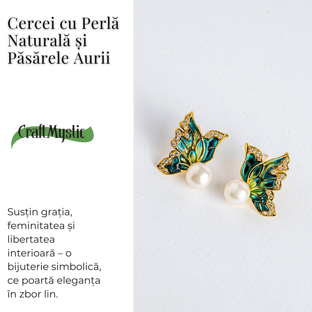 Eleganta care zboara – Cercei cu perla naturala si pasarele aurii