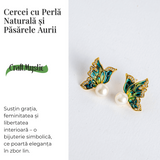 Eleganta care zboara – Cercei cu perla naturala si pasarele aurii