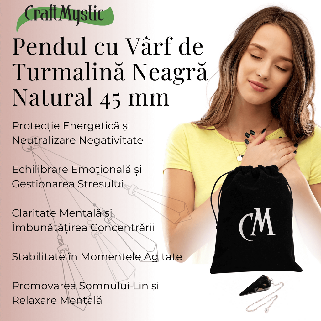Pendul de Radiestezie cu Varf de Turmalina Neagra Naturala 45 mm