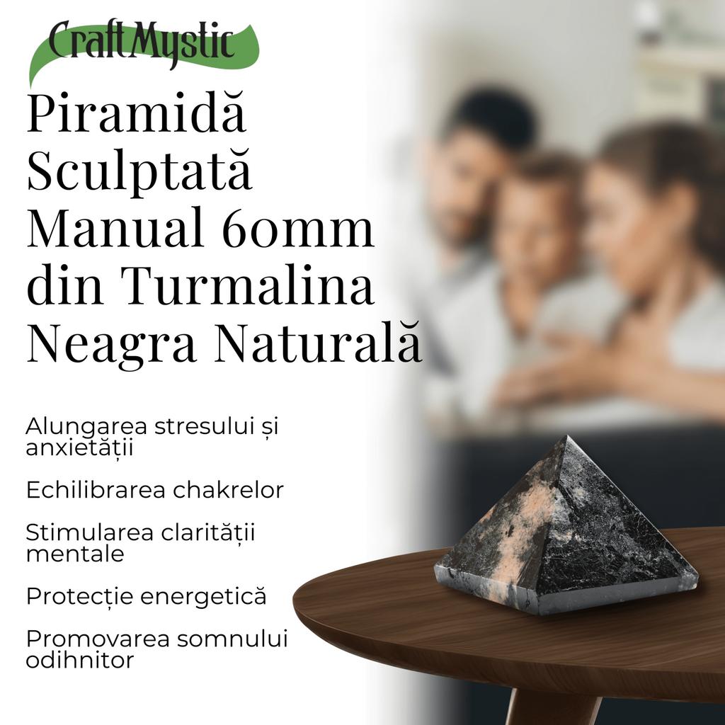 Piramida Sculptata Manual 60mm din Piatra de Turmalina Neagra cu Rutil Naturala