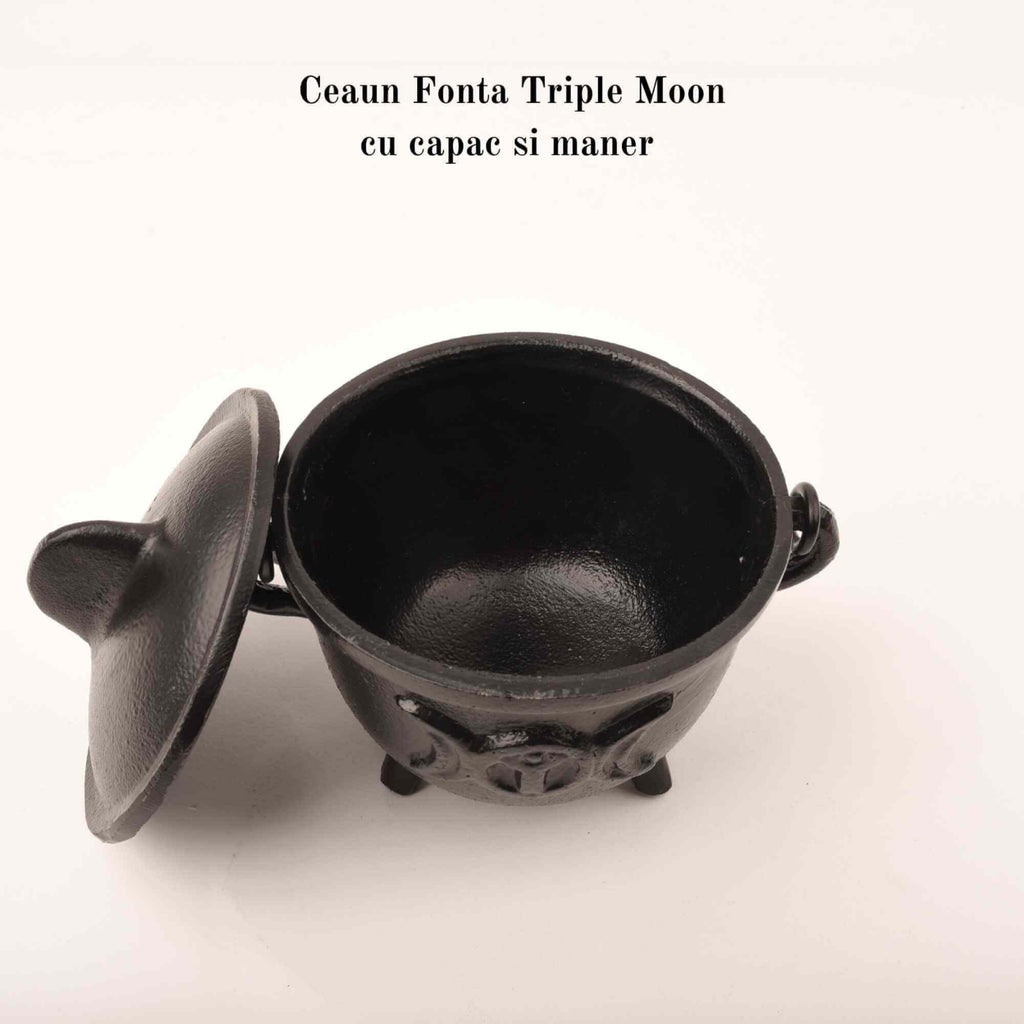Ceaun "Cauldron" din Fonta cu design Triple Moon, cu Capac si Maner - Cazan de Vrajitoare, Ideal pentru Arderea Tamaii pe Carbune si Smudging cu Salvie