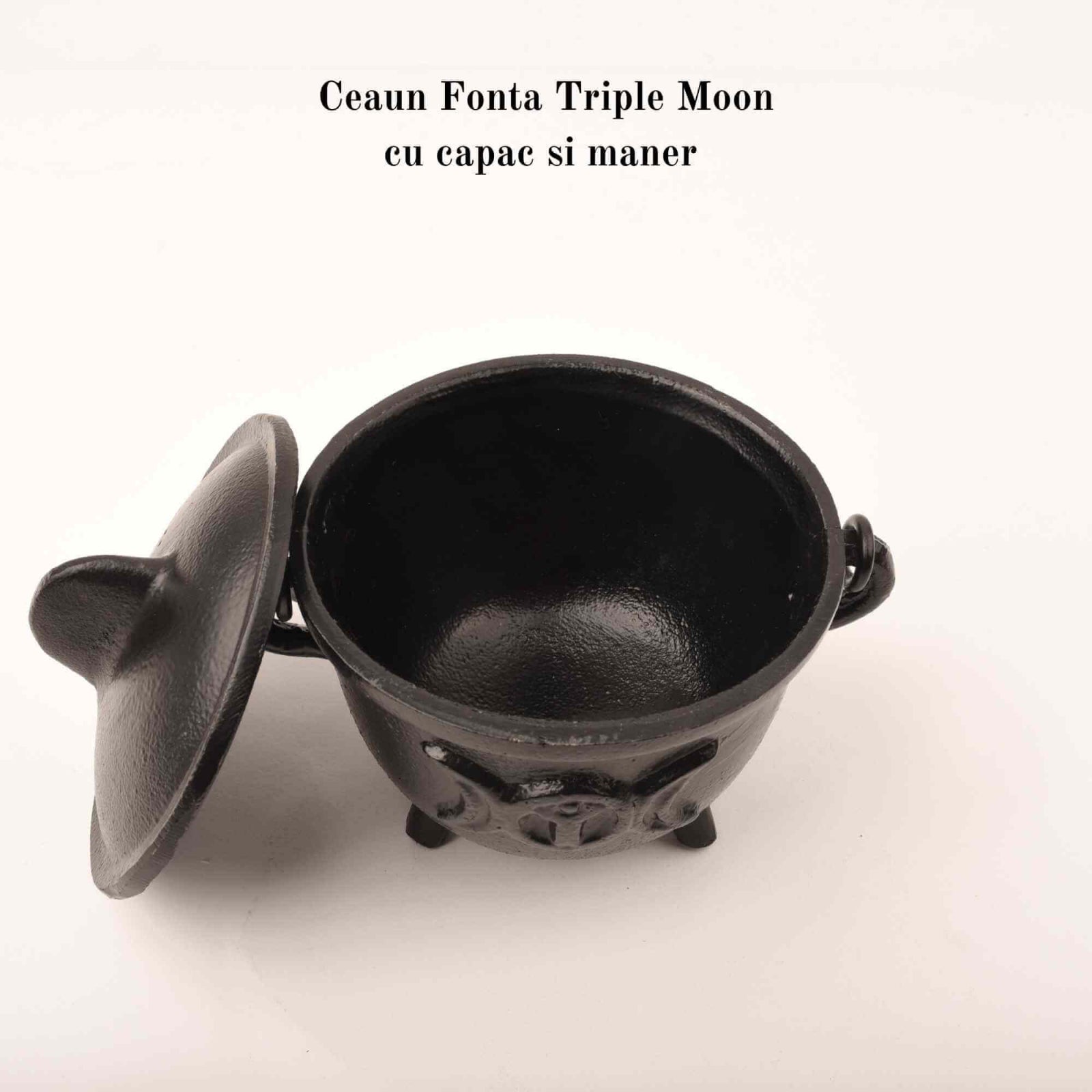 Ceaun "Cauldron" din Fonta cu design Triple Moon, cu Capac si Maner - Cazan de Vrajitoare, Ideal pentru Arderea Tamaii pe Carbune si Smudging cu Salvie