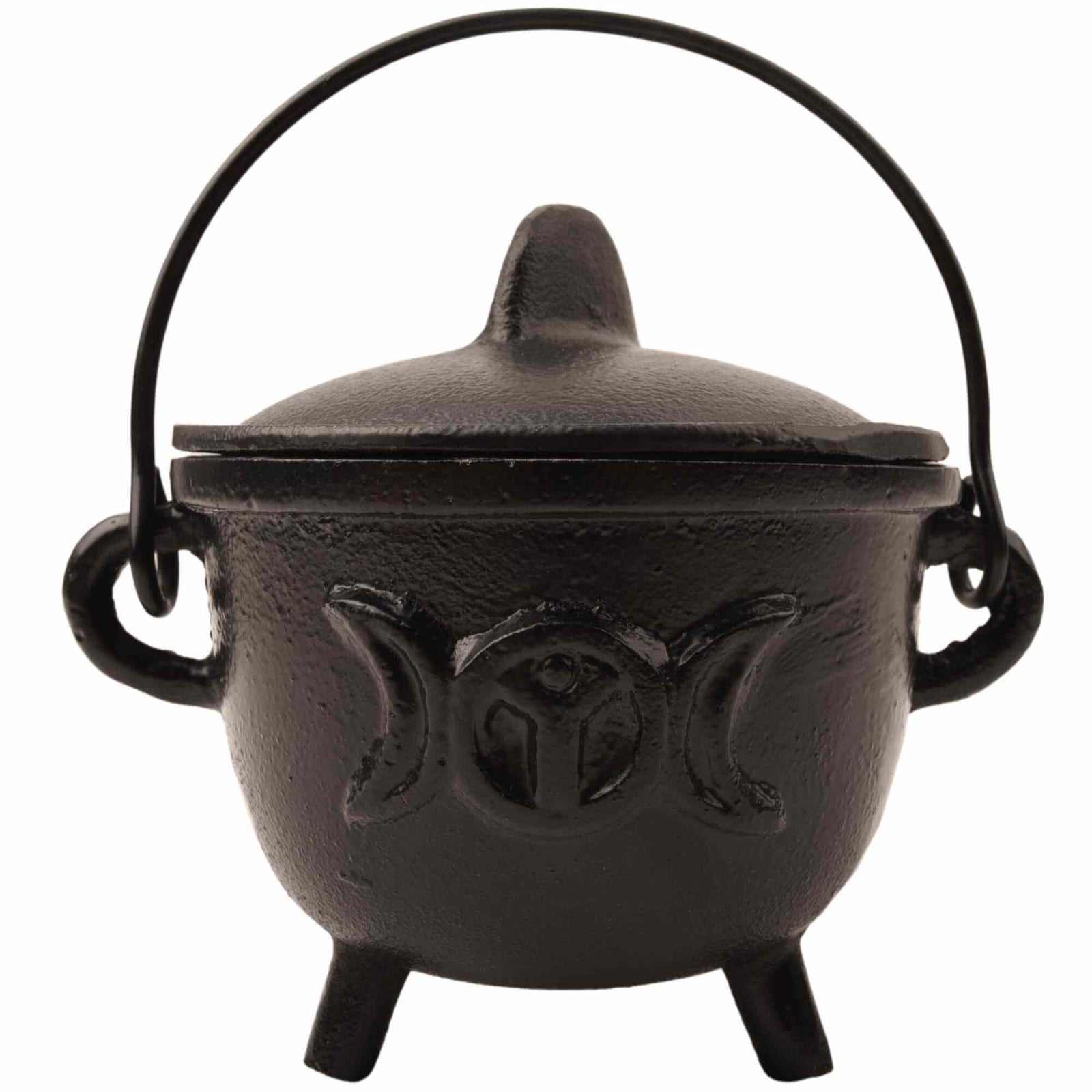 Ceaun "Cauldron" din Fonta cu design Triple Moon, cu Capac si Maner - Cazan de Vrajitoare, Ideal pentru Arderea Tamaii pe Carbune si Smudging cu Salvie