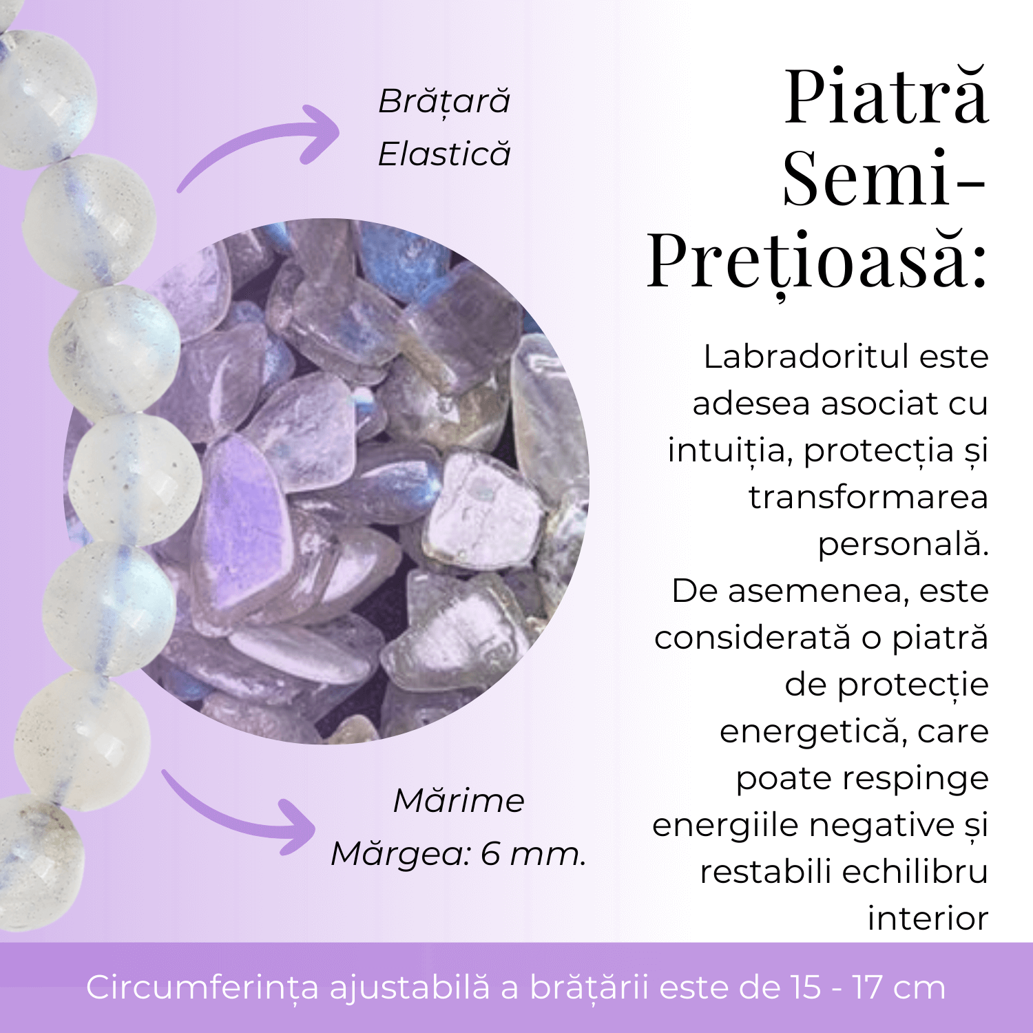 Bratara Elastica cu Margele Naturale de 6mm din Labradorit