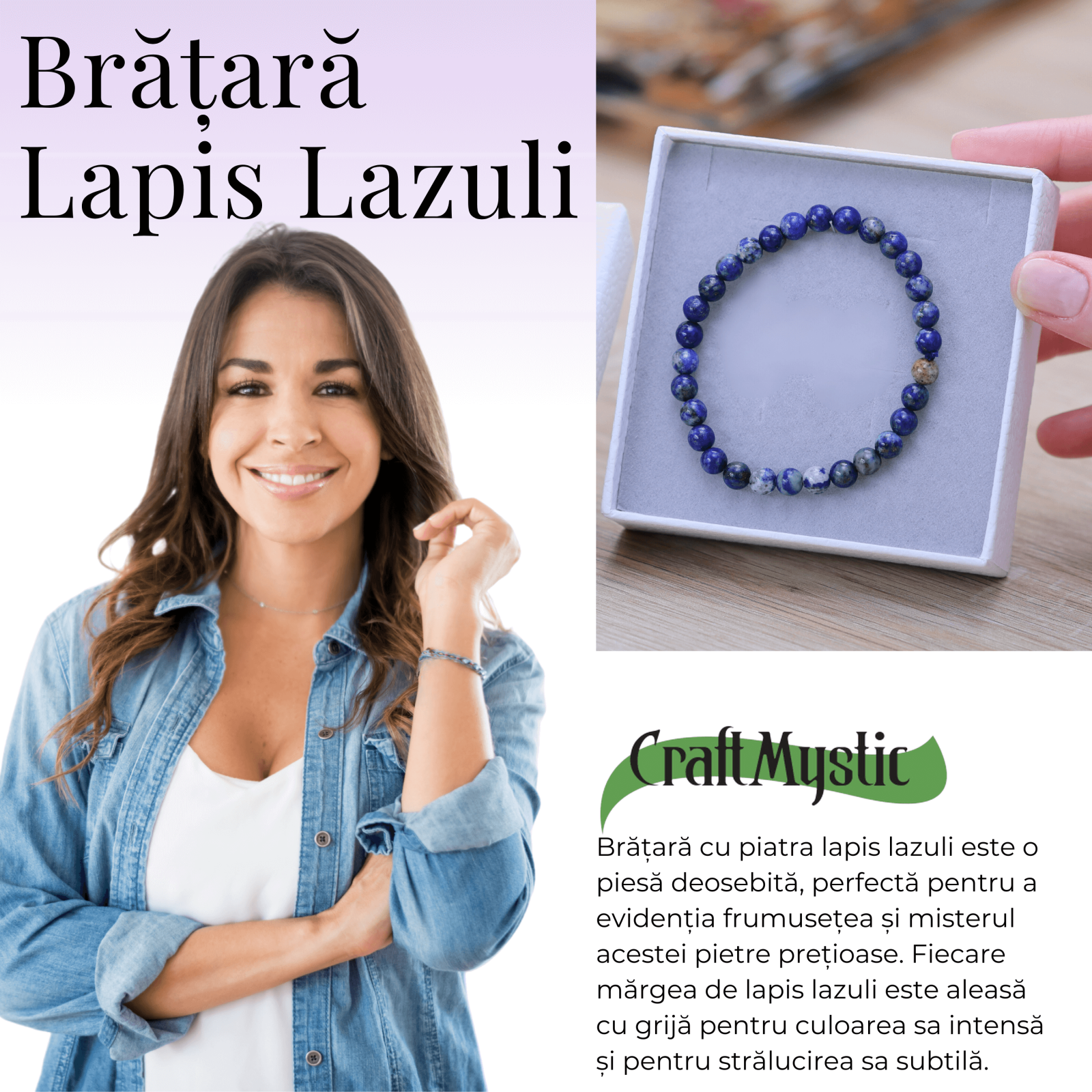 Bratara Elastica cu Margele Naturale de 6mm din Lapis Lazuli