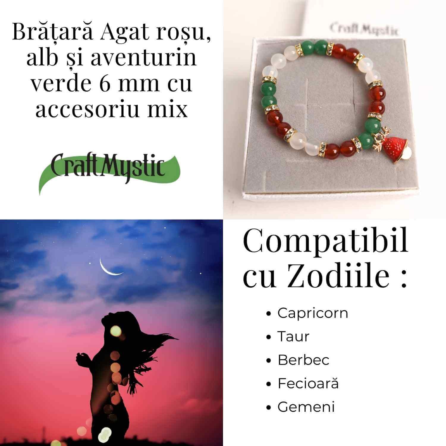 Bratara naturala Agat rosu, alb si aventurin verde cu accesoriu mixt - echilibru si noroc