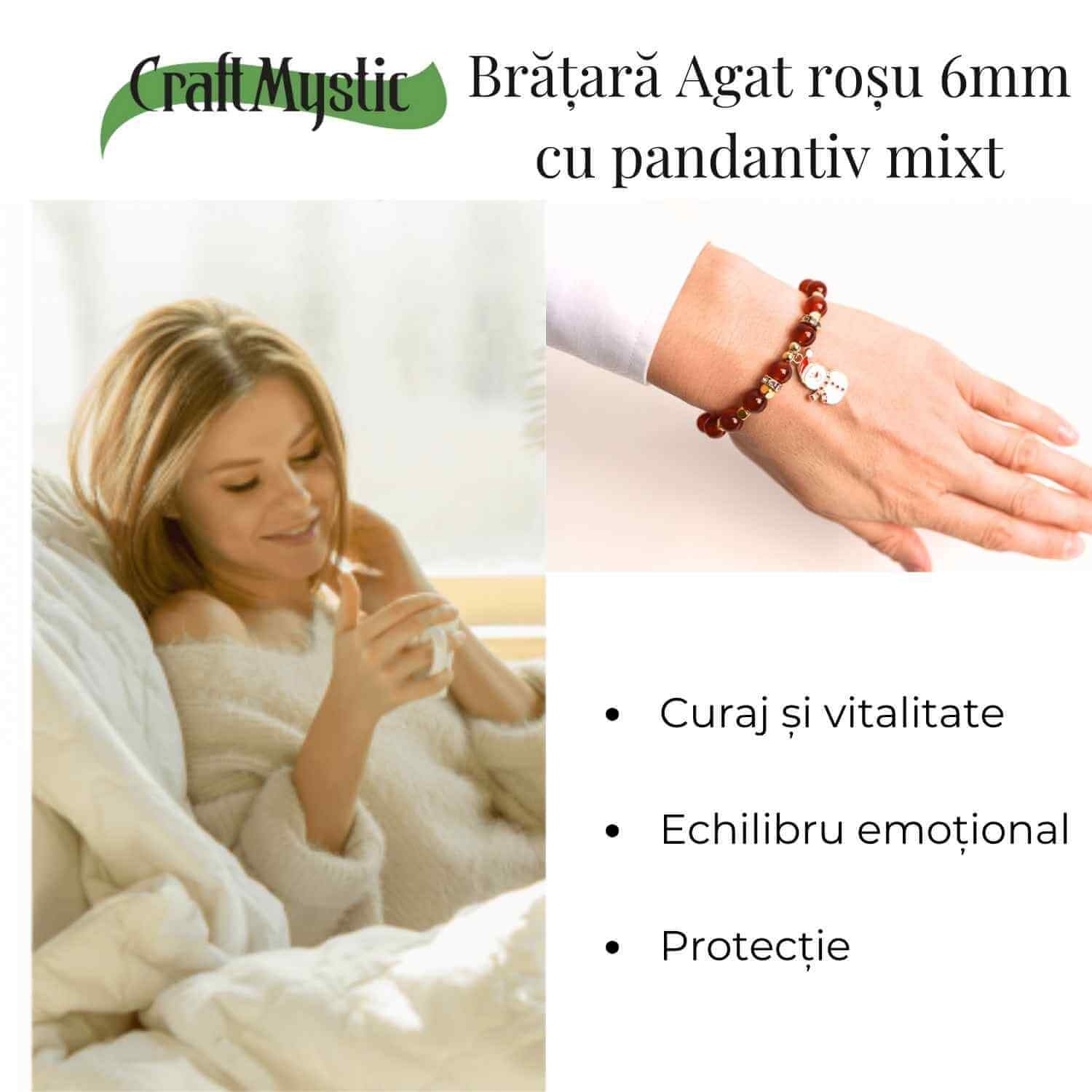Bratara naturala Agat rosu 6mm cu accesoriu mixt