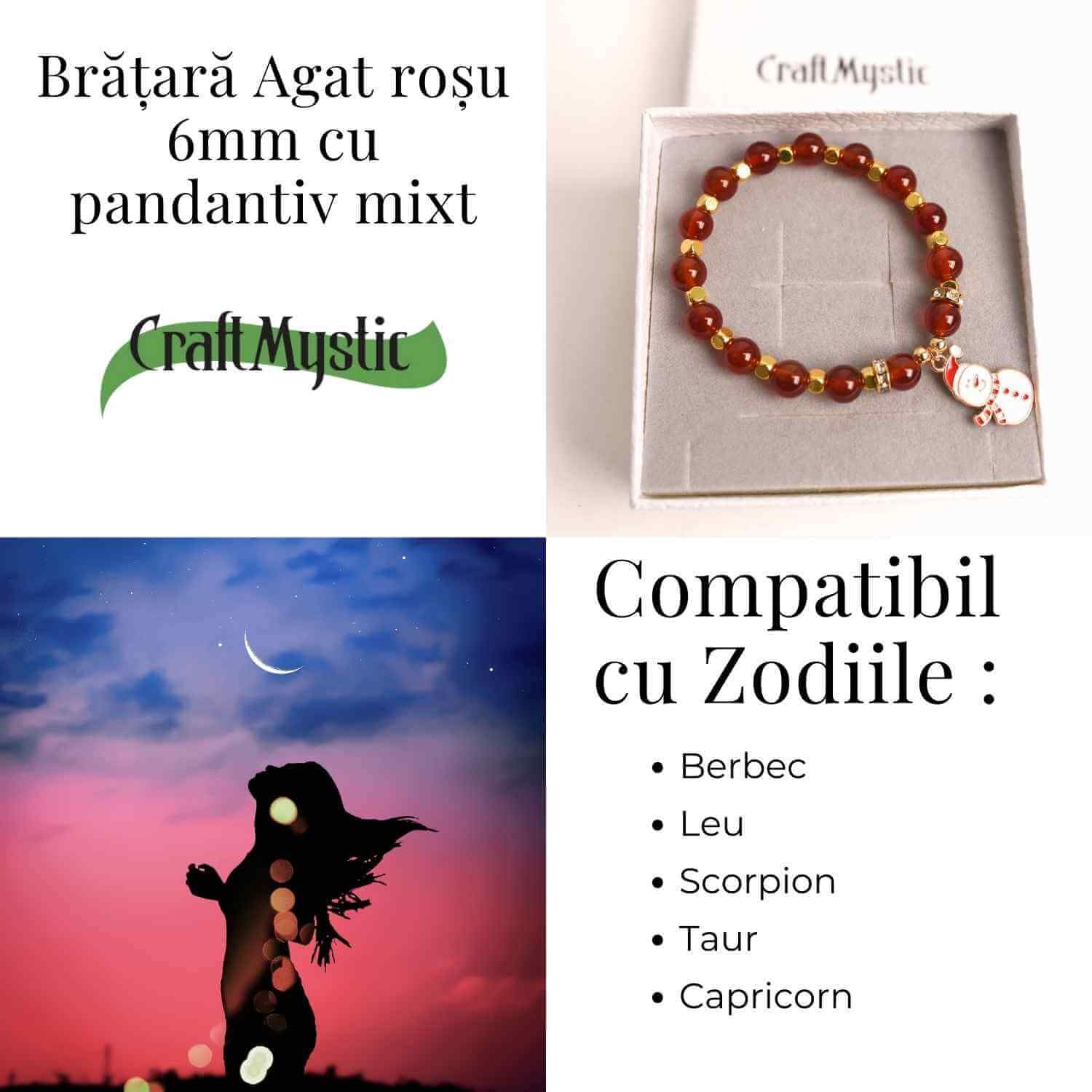 Bratara naturala Agat rosu 6mm cu accesoriu mixt