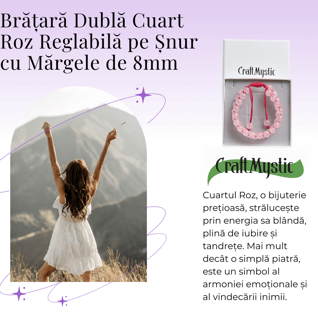 Bratara Dubla Reglabila din Cuart Roz Natural – Armonie si Dragoste