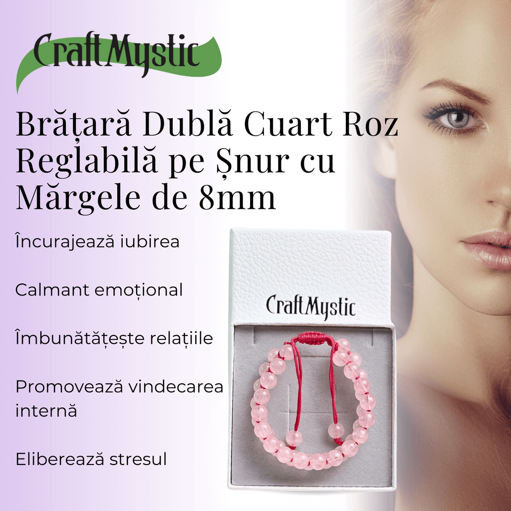Bratara Dubla Reglabila din Cuart Roz Natural – Armonie si Dragoste