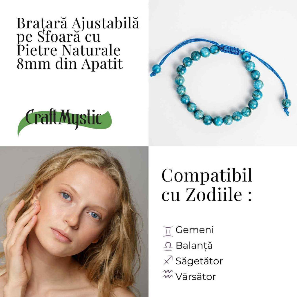 Bratara Ajustabila pe Sfoara cu Pietre Naturale 8mm din Apatit