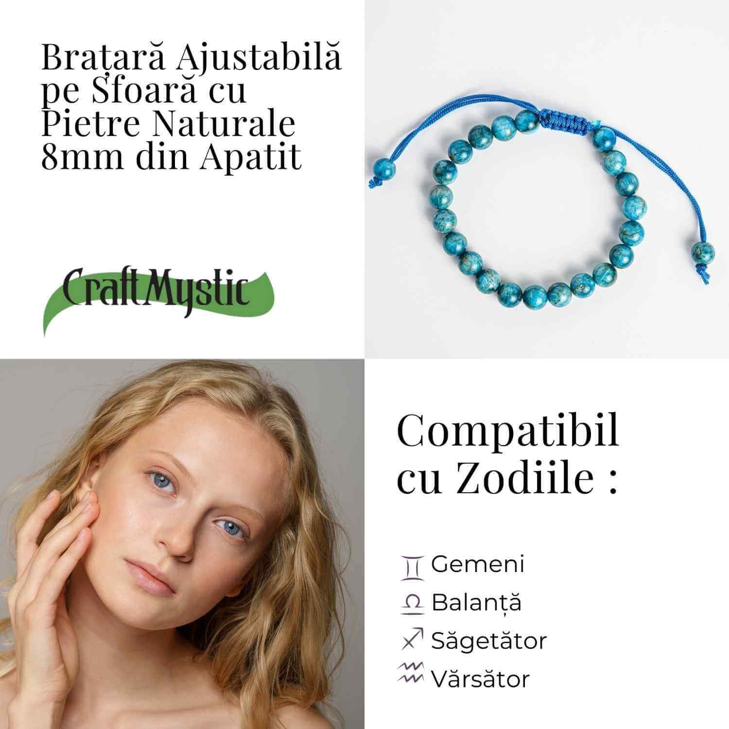 Bratara Ajustabila pe Sfoara cu Pietre Naturale 8mm din Apatit