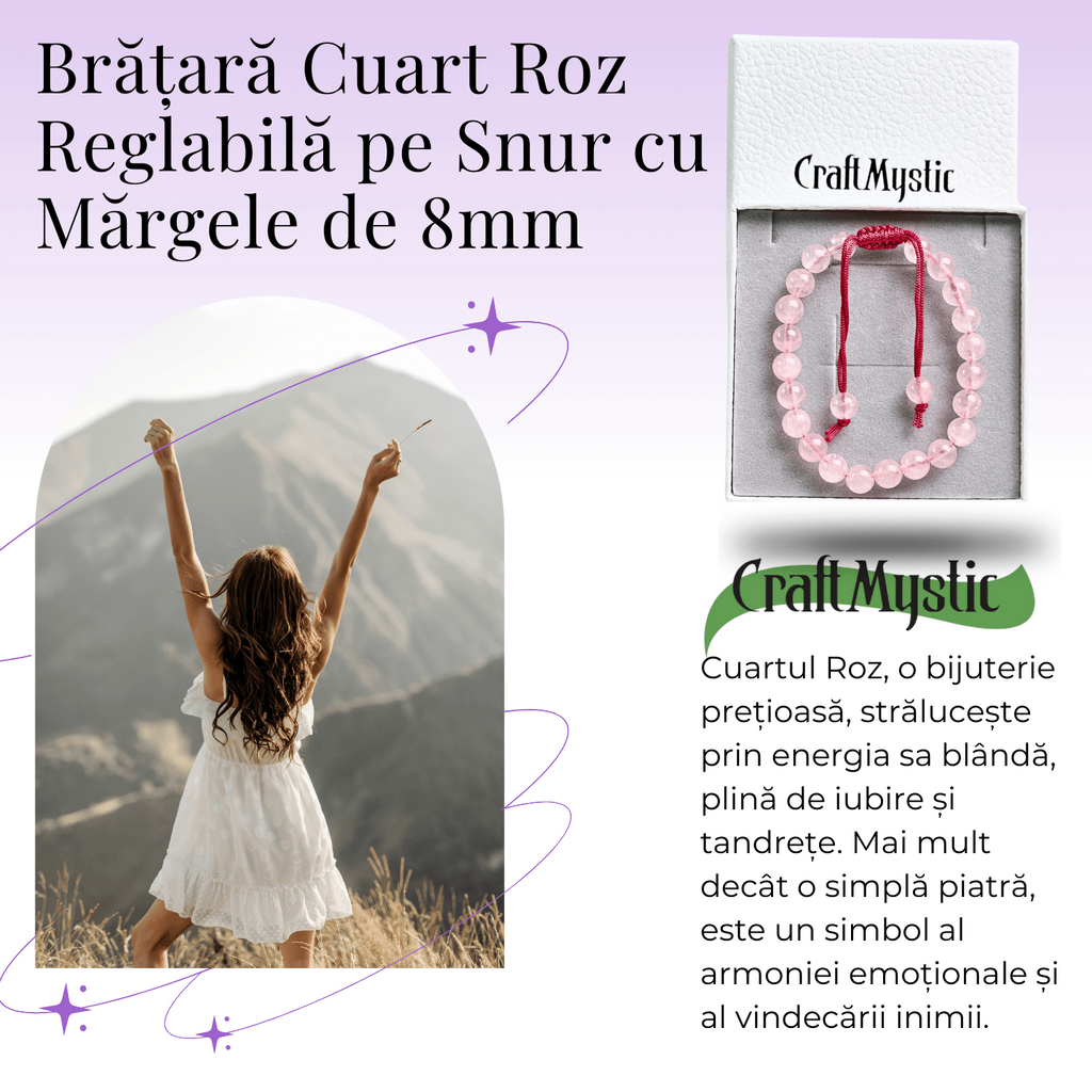 Bratara Simpla Reglabila din Cuart Roz Natural – Armonie Pura