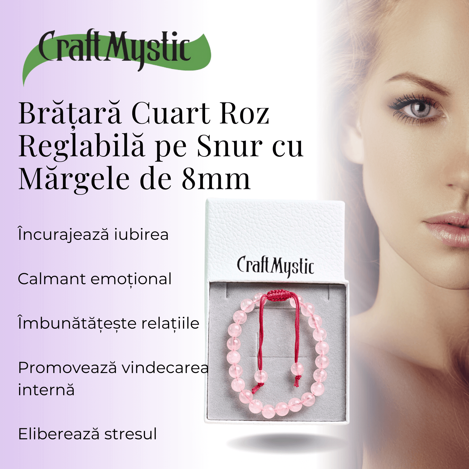 Bratara Simpla Reglabila din Cuart Roz Natural – Armonie Pura