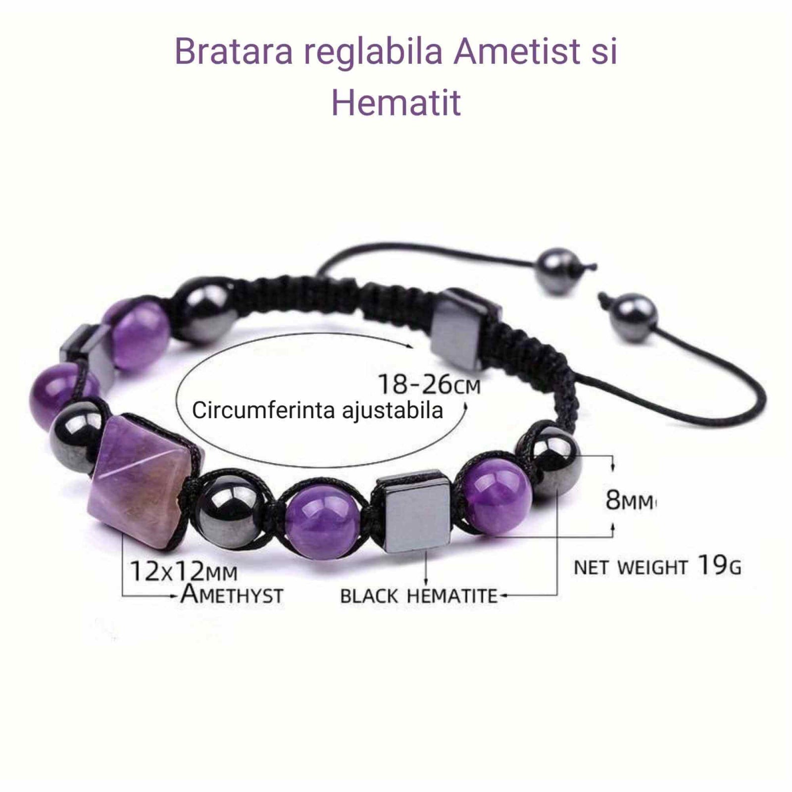 Bratara Ajustabila Impletita cu Margele din Ametist si Hematit de 8mm cu Piramida de Ametist - Cadou Special
