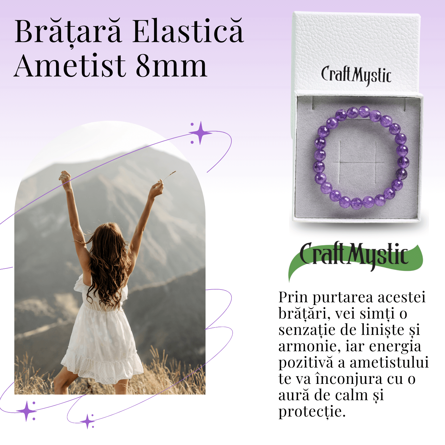 Bratara Eleganta Elastica cu Margele de 8mm Ametist Fatetat