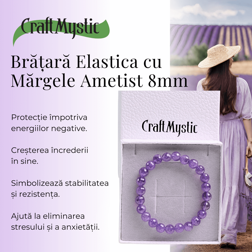 Bratara Eleganta Elastica cu Margele de 8mm Ametist Fatetat