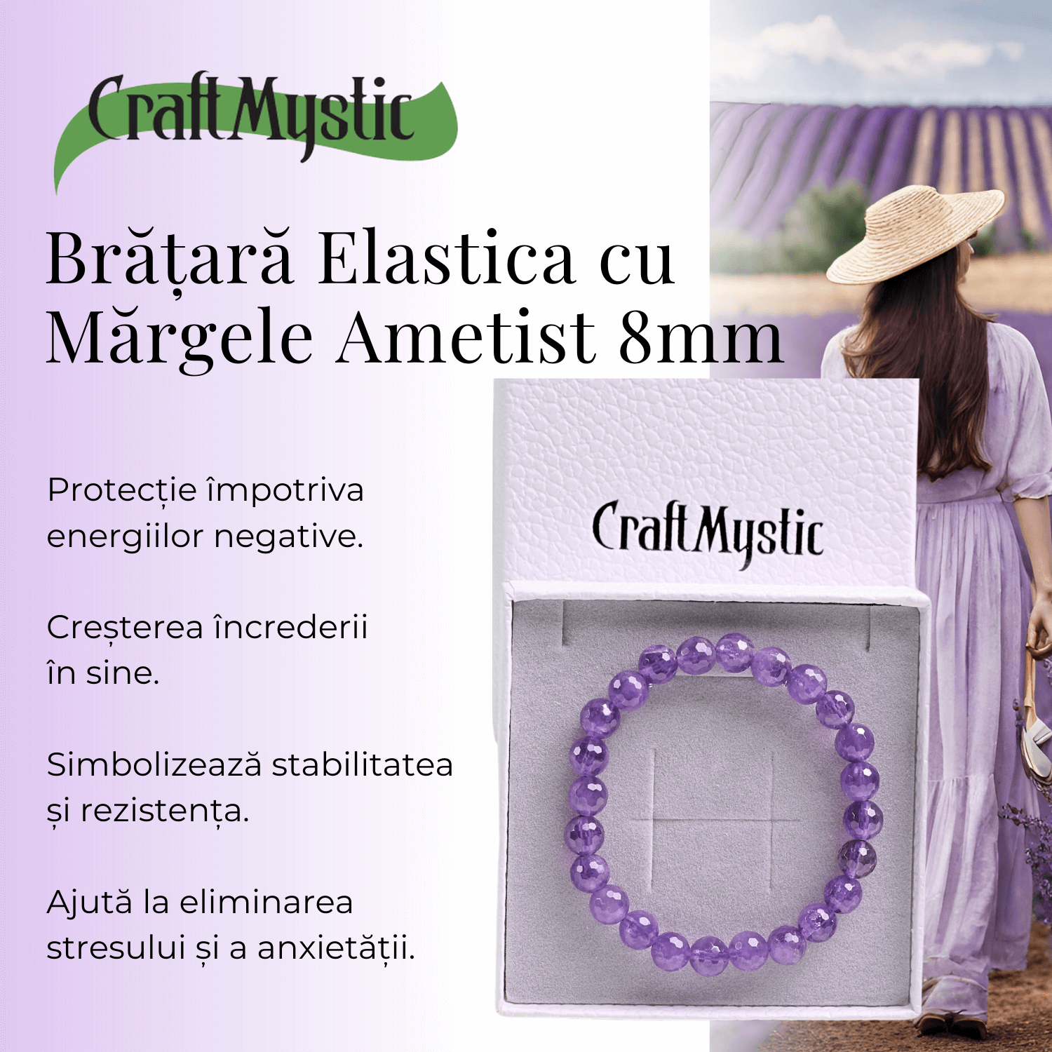 Bratara Eleganta Elastica cu Margele de 8mm Ametist Fatetat
