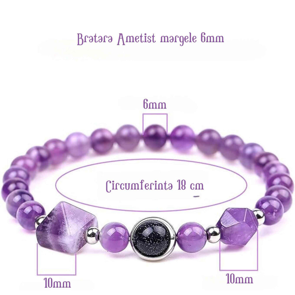 Bratara Elastica cu margele Ametist de 6mm si Farmecul Sistemului Solar - Bratara Handmade pentru Femei