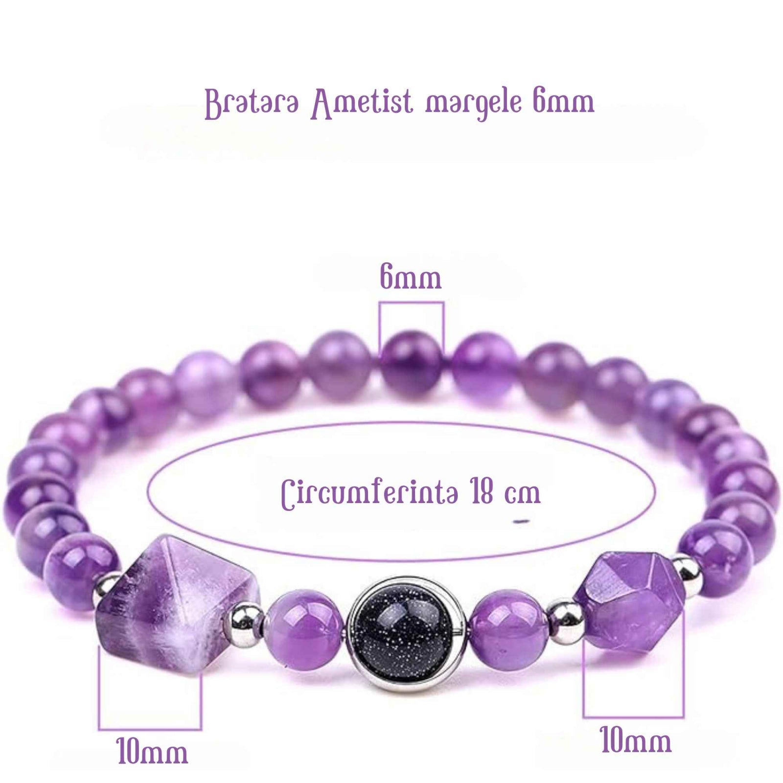 Bratara Elastica cu margele Ametist de 6mm si Farmecul Sistemului Solar - Bratara Handmade pentru Femei