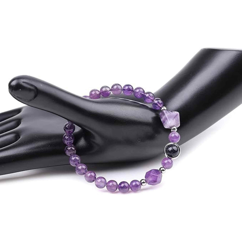 Bratara Elastica cu margele Ametist de 6mm si Farmecul Sistemului Solar - Bratara Handmade pentru Femei