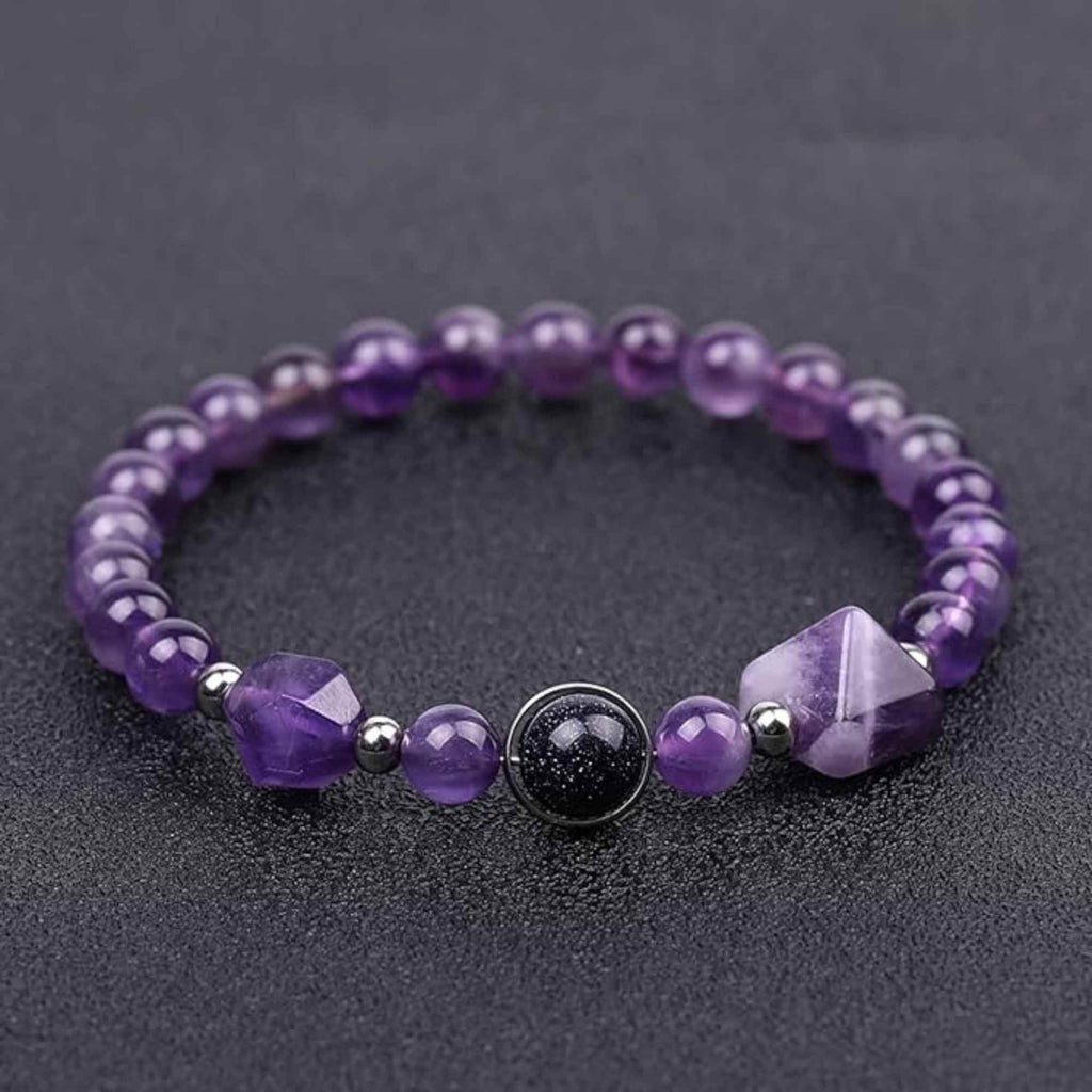 Bratara Elastica cu margele Ametist de 6mm si Farmecul Sistemului Solar - Bratara Handmade pentru Femei