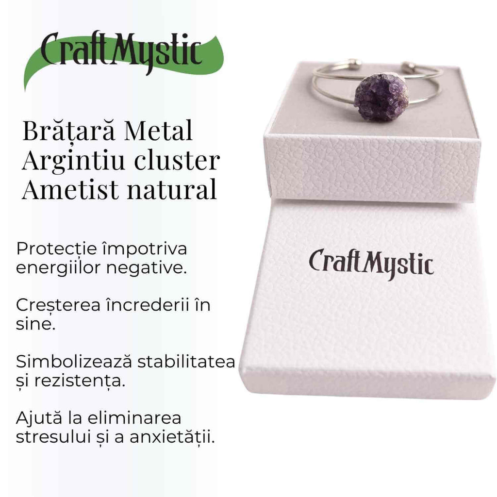 Bratara argintie cu piatra naturala cluster Ametist pentru Claritate si Relaxare