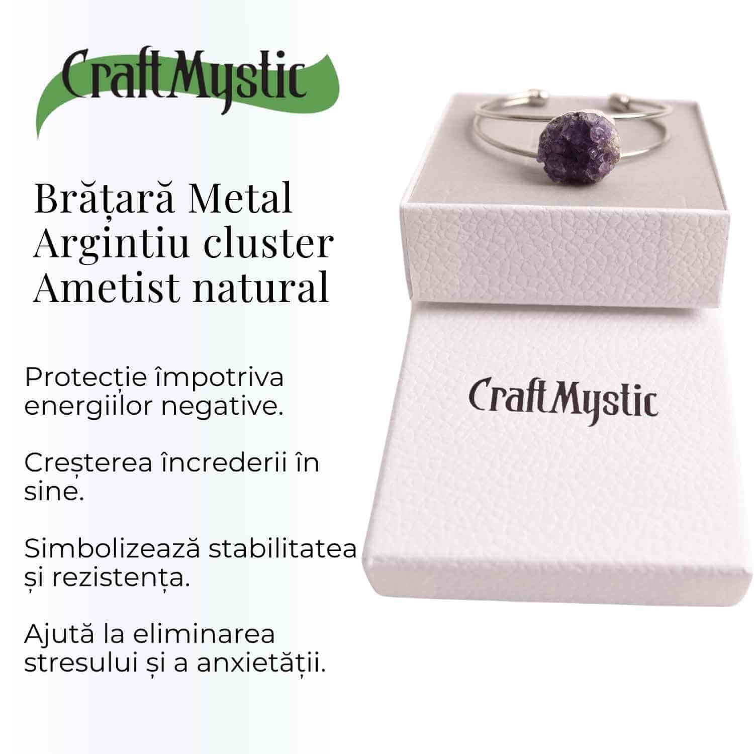 Bratara argintie cu piatra naturala cluster Ametist pentru Claritate si Relaxare