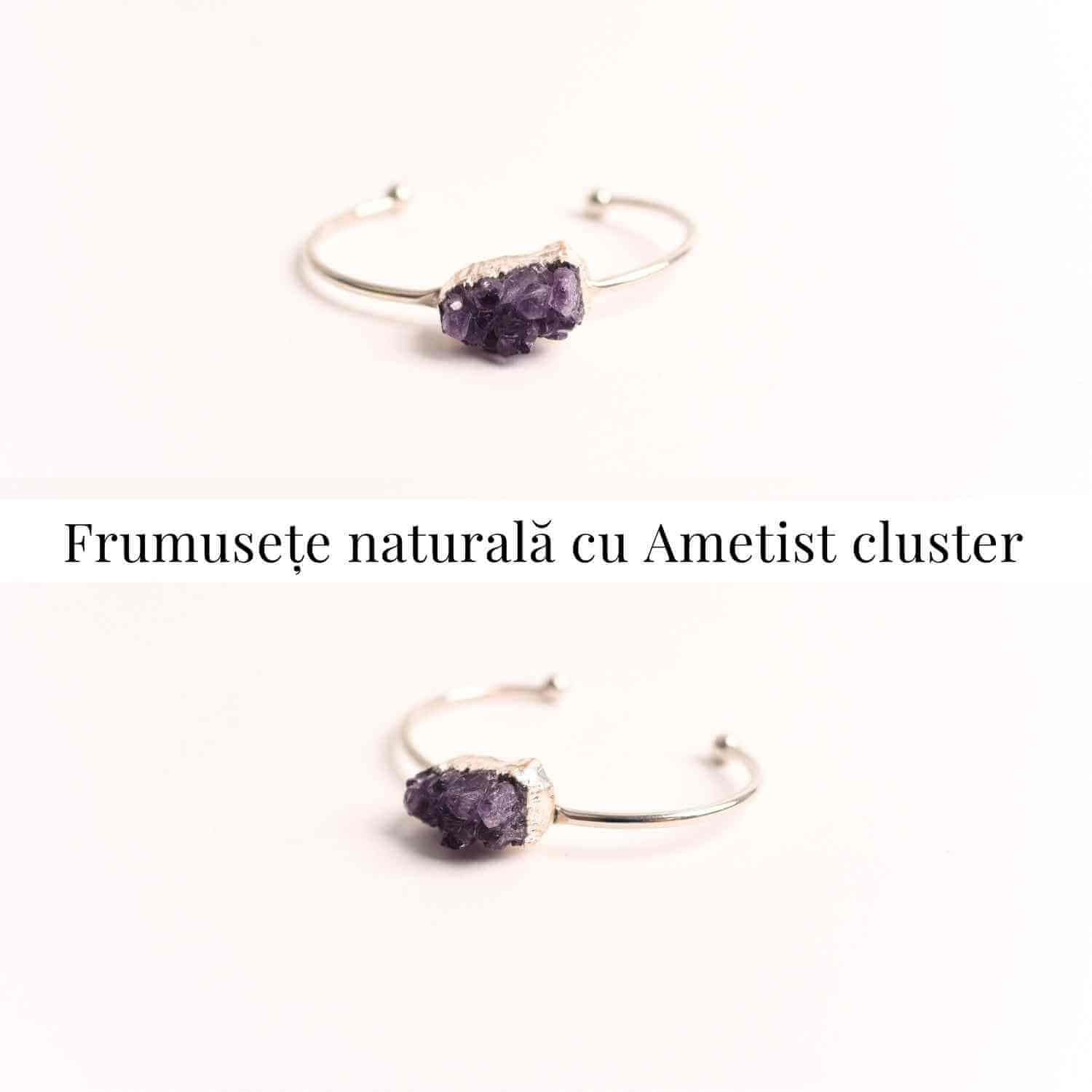Bratara argintie cu piatra naturala in forma libera cluster Ametist - Pentru Claritate si Relaxare