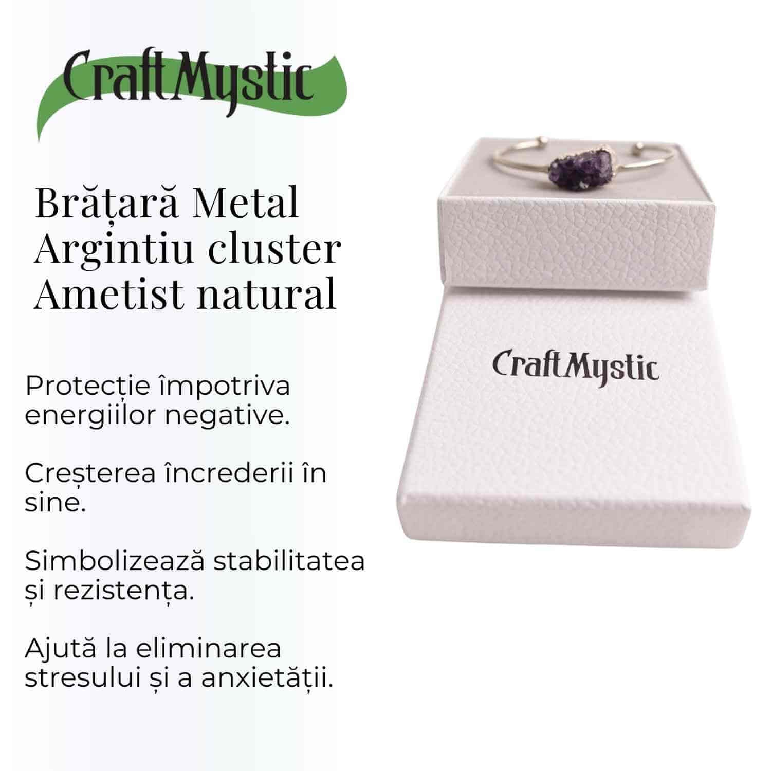 Bratara argintie cu piatra naturala in forma libera cluster Ametist - Pentru Claritate si Relaxare