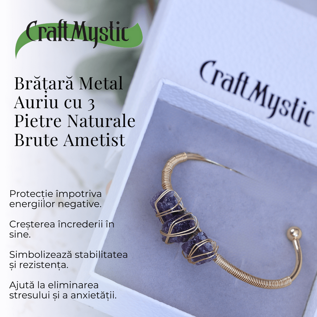 Bratara aurie din metal cu 3 pietre naturale de Ametist , beneficii energetice