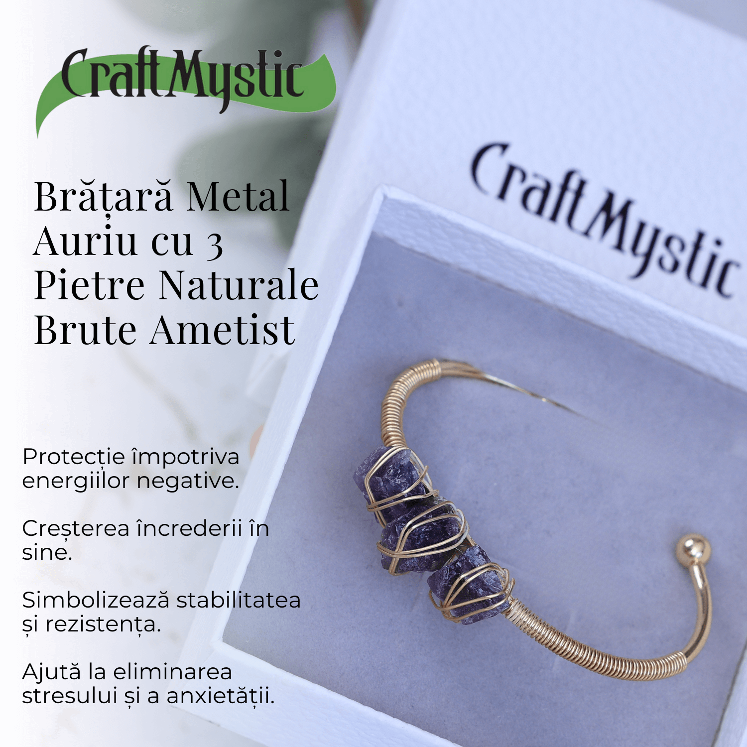 Bratara aurie din metal cu 3 pietre naturale de Ametist , beneficii energetice