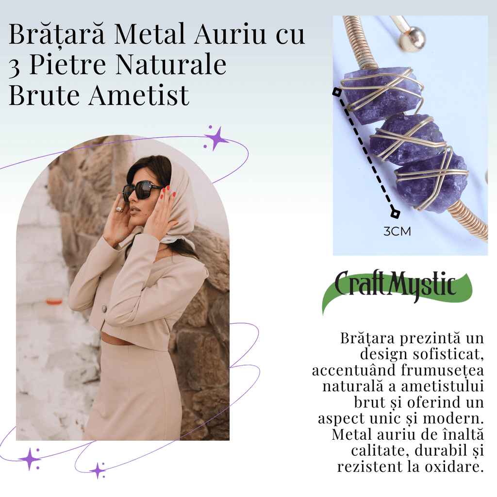 Bratara aurie din metal cu 3 pietre naturale de Ametist , beneficii energetice