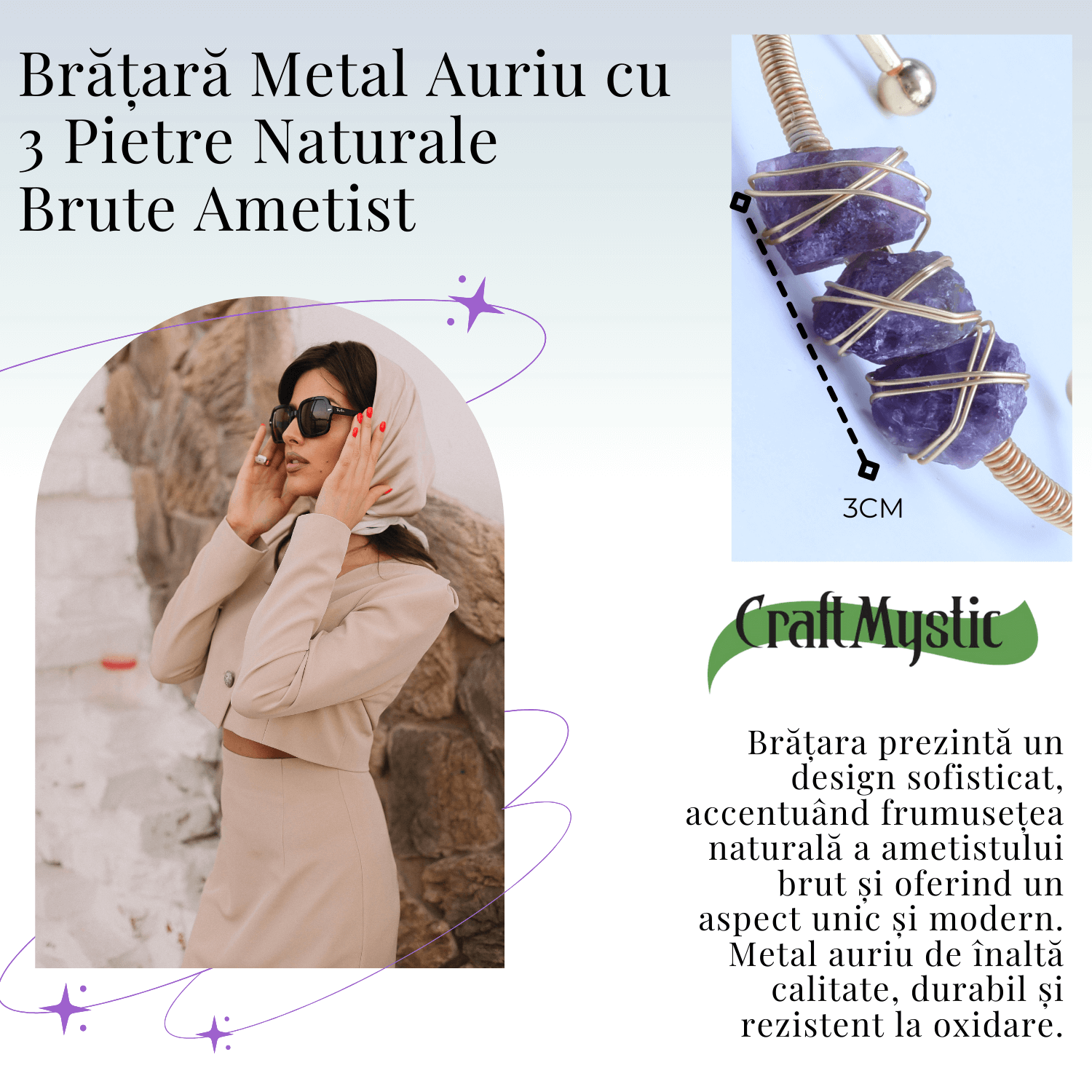 Bratara aurie din metal cu 3 pietre naturale de Ametist , beneficii energetice