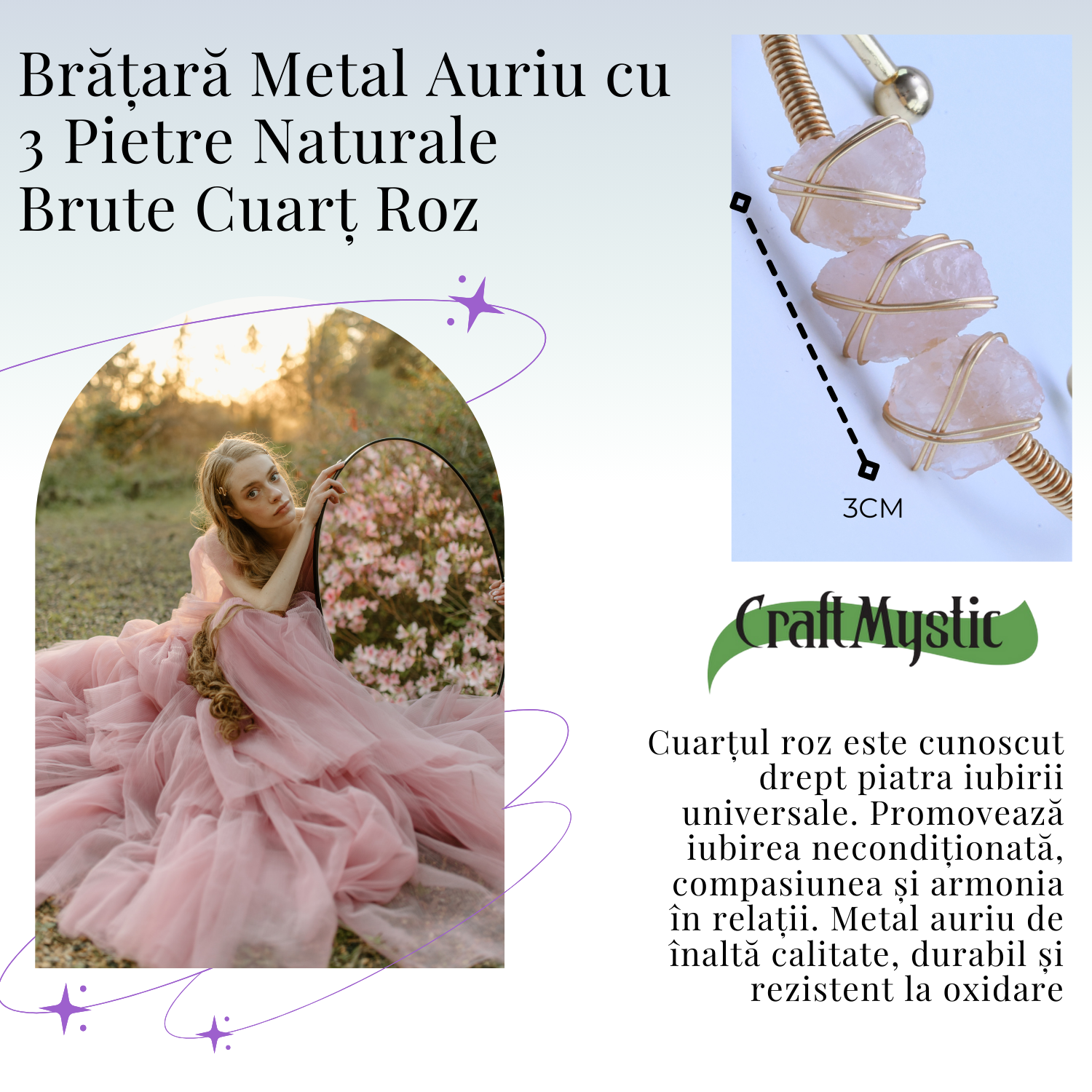  Bratara aurie cu 3 pietre Cuart Roz - Iubire si armonie