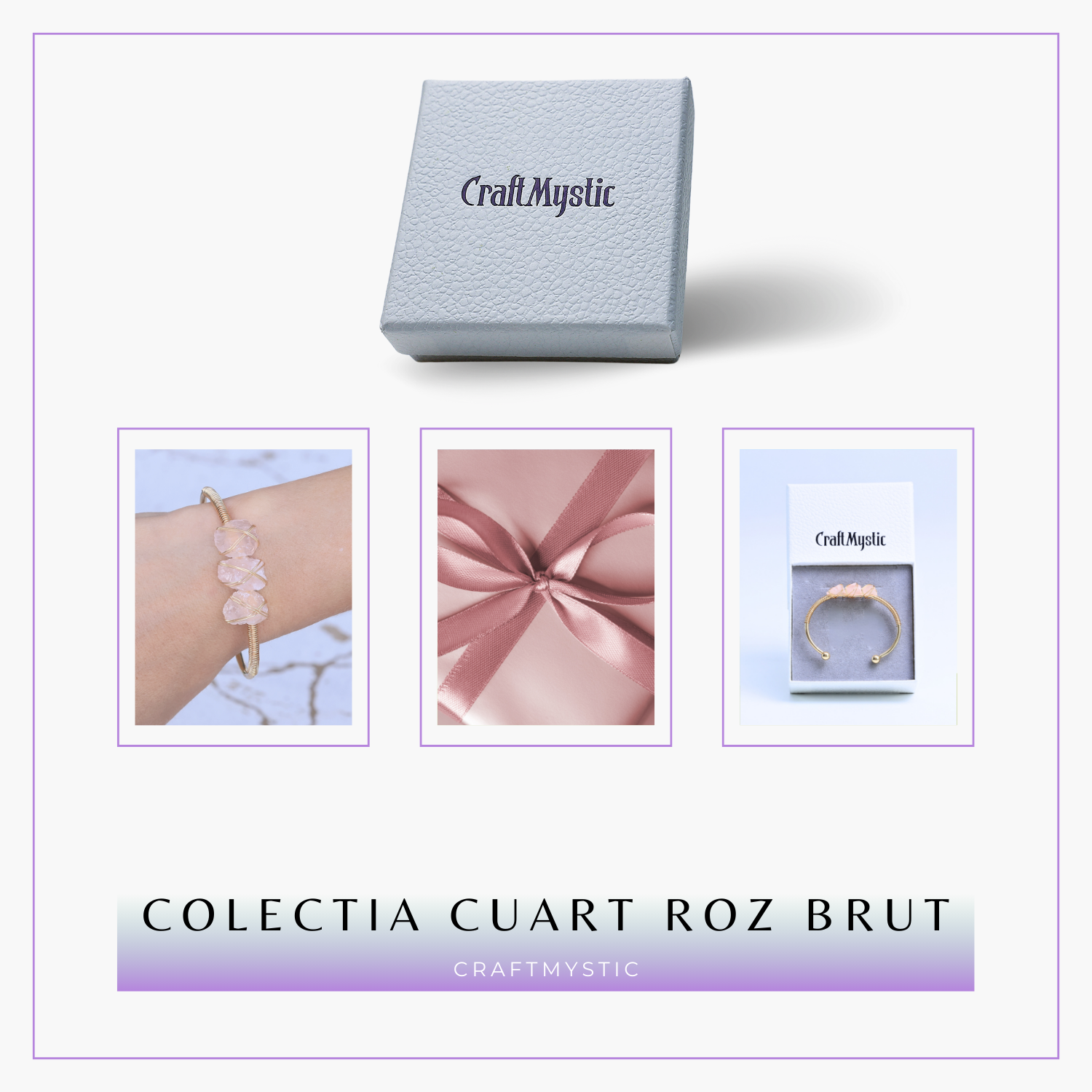  Bratara aurie cu 3 pietre Cuart Roz - Iubire si armonie