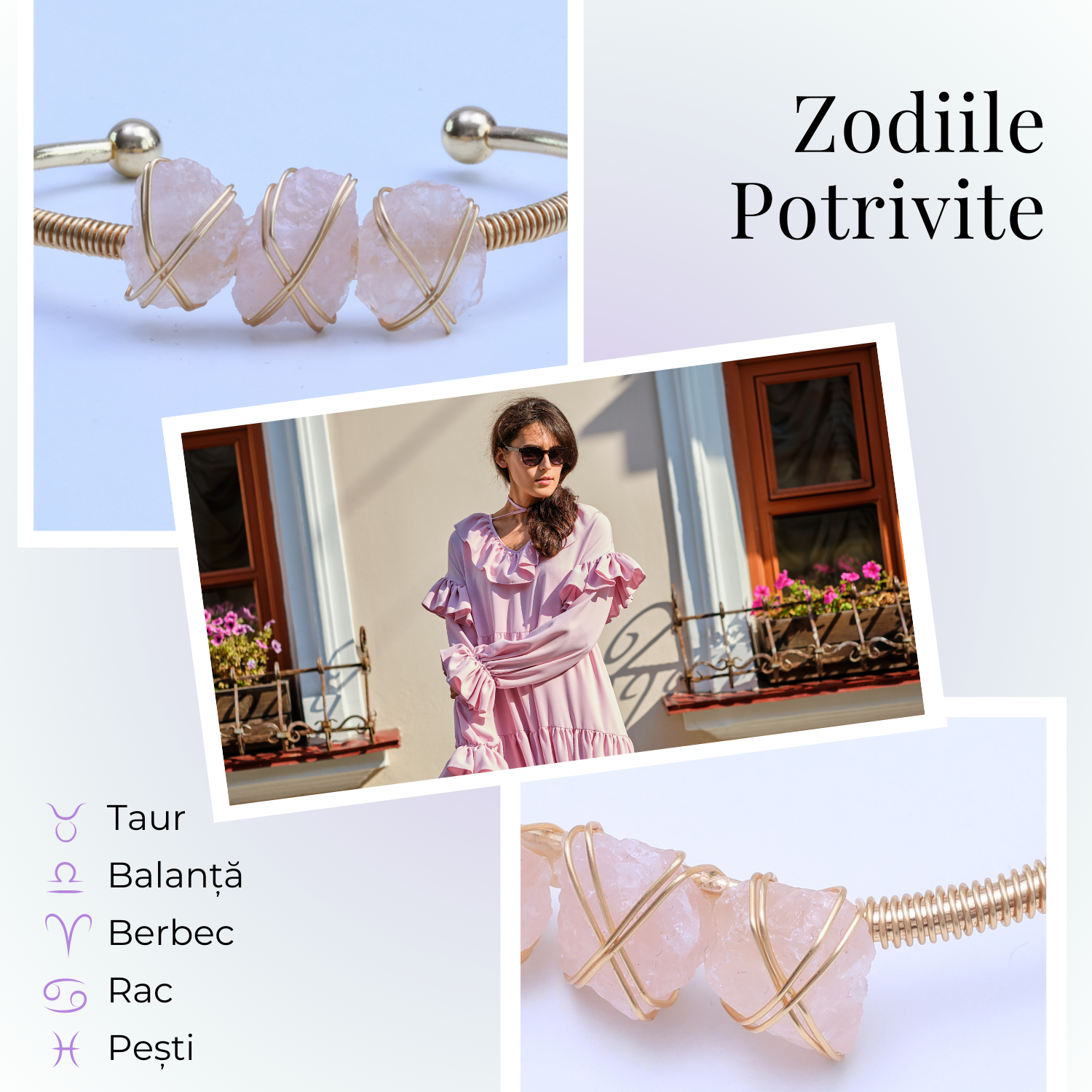 Bratara aurie cu 3 pietre Cuart Roz - Iubire si armonie