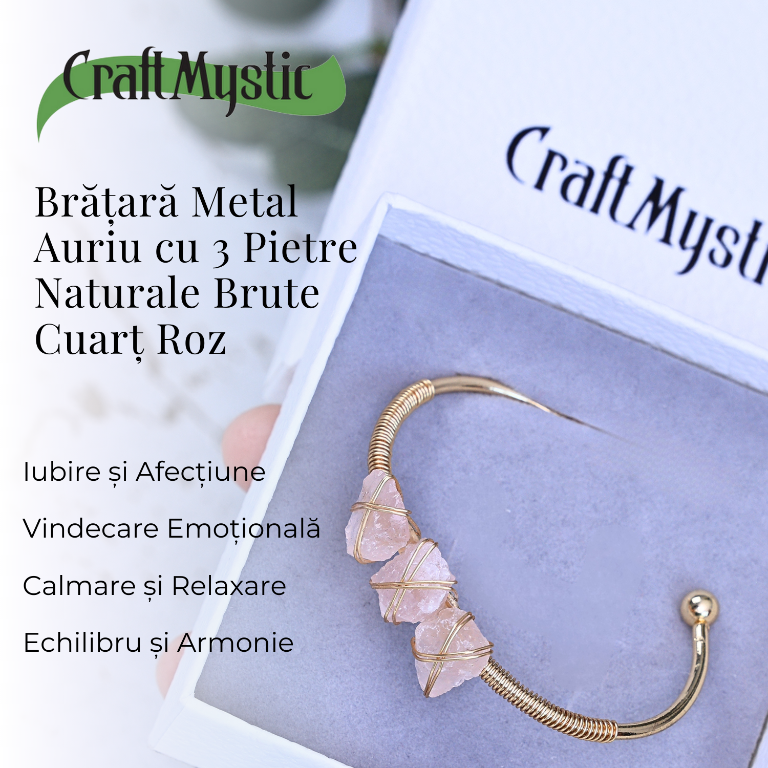  Bratara aurie cu 3 pietre Cuart Roz - Iubire si armonie