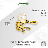 Inel cu perla naturala si frunza aurie – Eleganta care infloreste