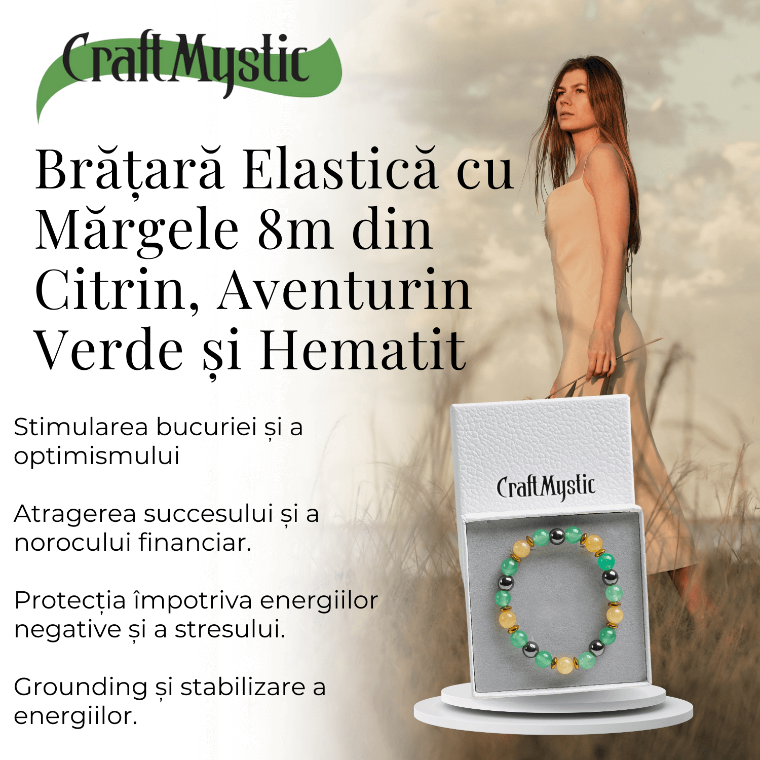 Bratara Elastica Energetizanta cu Margele 8mm din Citrin, Aventurin Verde si Hematit - Armonie si Echilibru