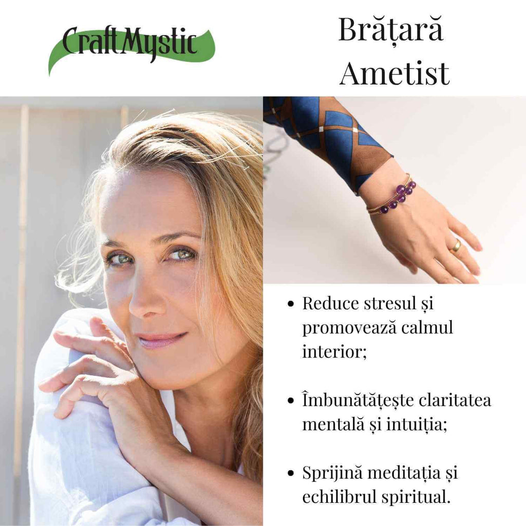 Bratara dubla metalica aurie cu ametist natural pentru calm si claritate mentala
