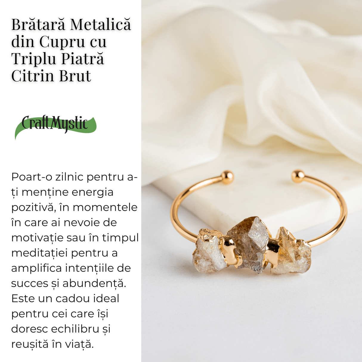 Bratara Aurie cu Triplu Citrin Brut – Energie Pozitiva & Prosperitate