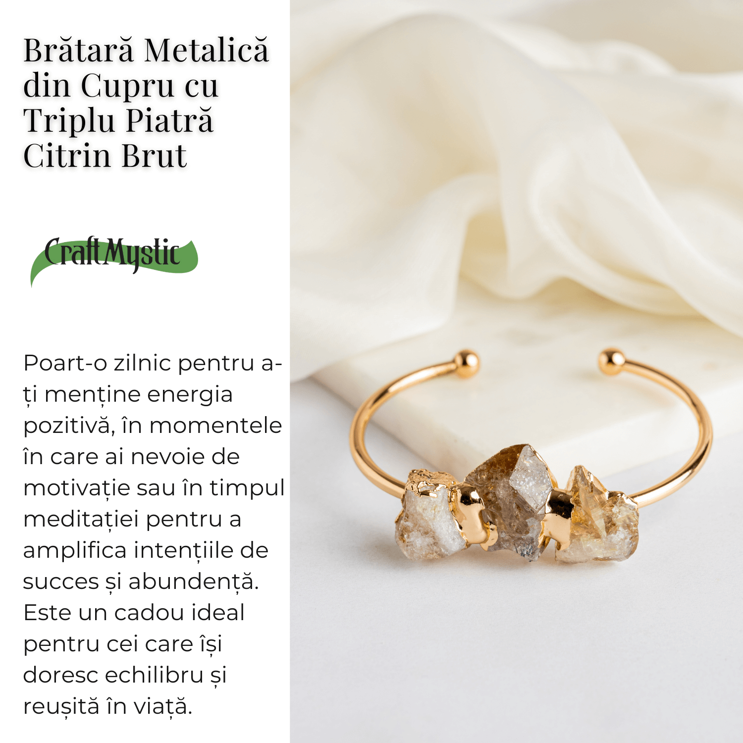 Bratara Aurie cu Triplu Citrin Brut – Energie Pozitiva & Prosperitate