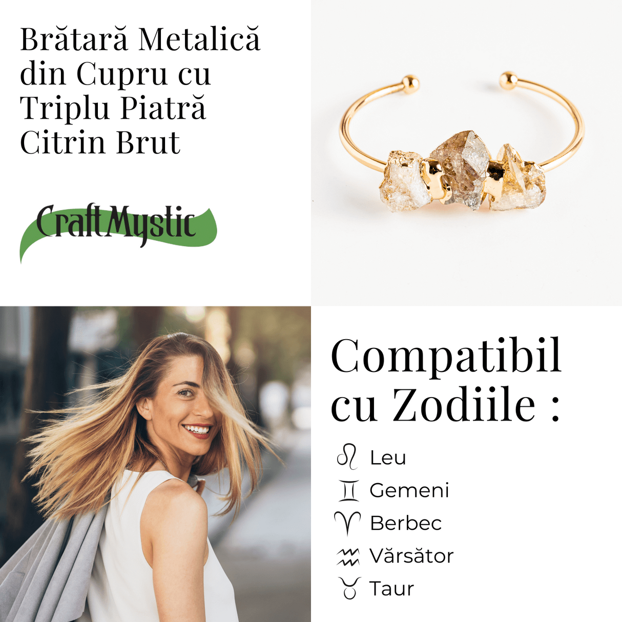Bratara Aurie cu Triplu Citrin Brut – Energie Pozitiva & Prosperitate